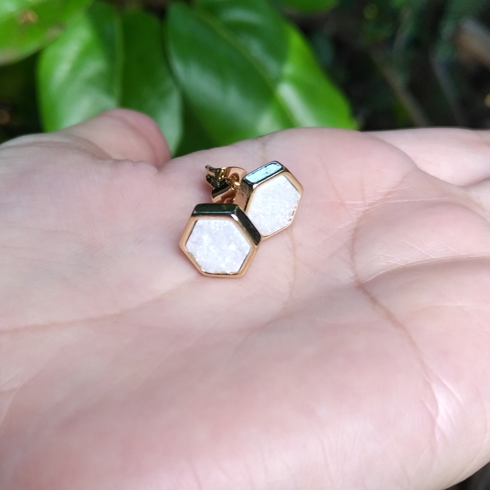 Luna🌙 Norte White Druzy Quartz Hexagon Earrings - Picture 13 of 13